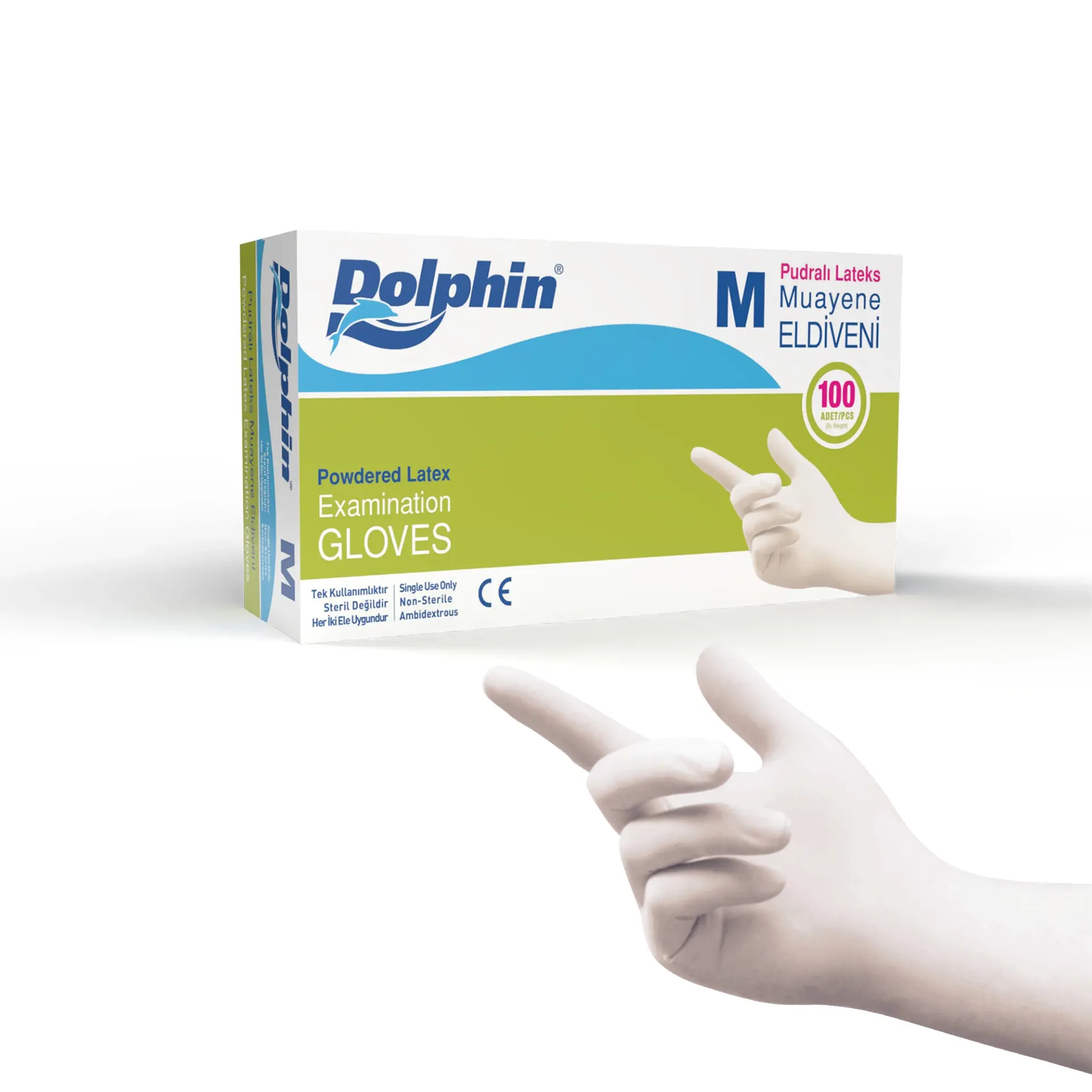 Dolphin Pudralı Lateks Muayene Eldiveni Orta (M) Boy 100 Adet
