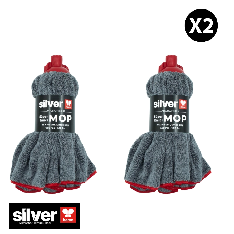 Silver Home Mikrofiber Mop Bezi 55x105 cm 265 GSM Süper Emici Kurulama Mop 2’li Gri