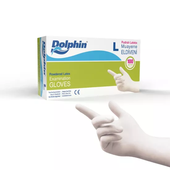 Dolphin Pudralı Lateks Muayene Eldiveni Büyük (L) Boy 100 Adet