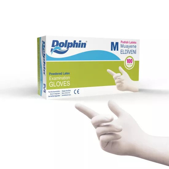 Dolphin Pudralı Lateks Muayene Eldiveni Orta (M) Boy 100 Adet
