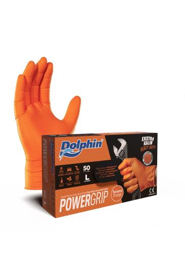 Dolphin Ekstra Kalın Turuncu Nitril Eldiven Elmas Dokulu L 50 Adet